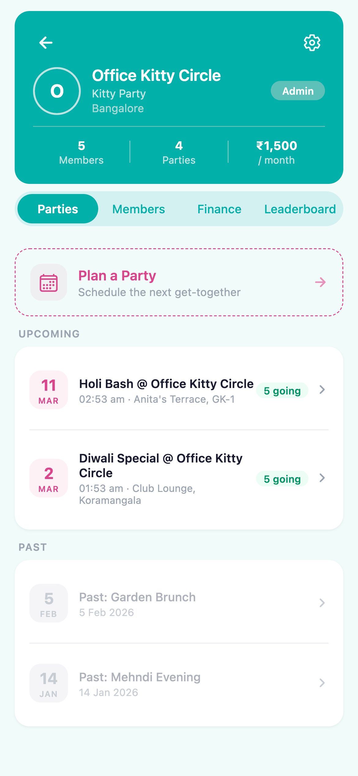 Group detail - parties, members, finance, leaderboard