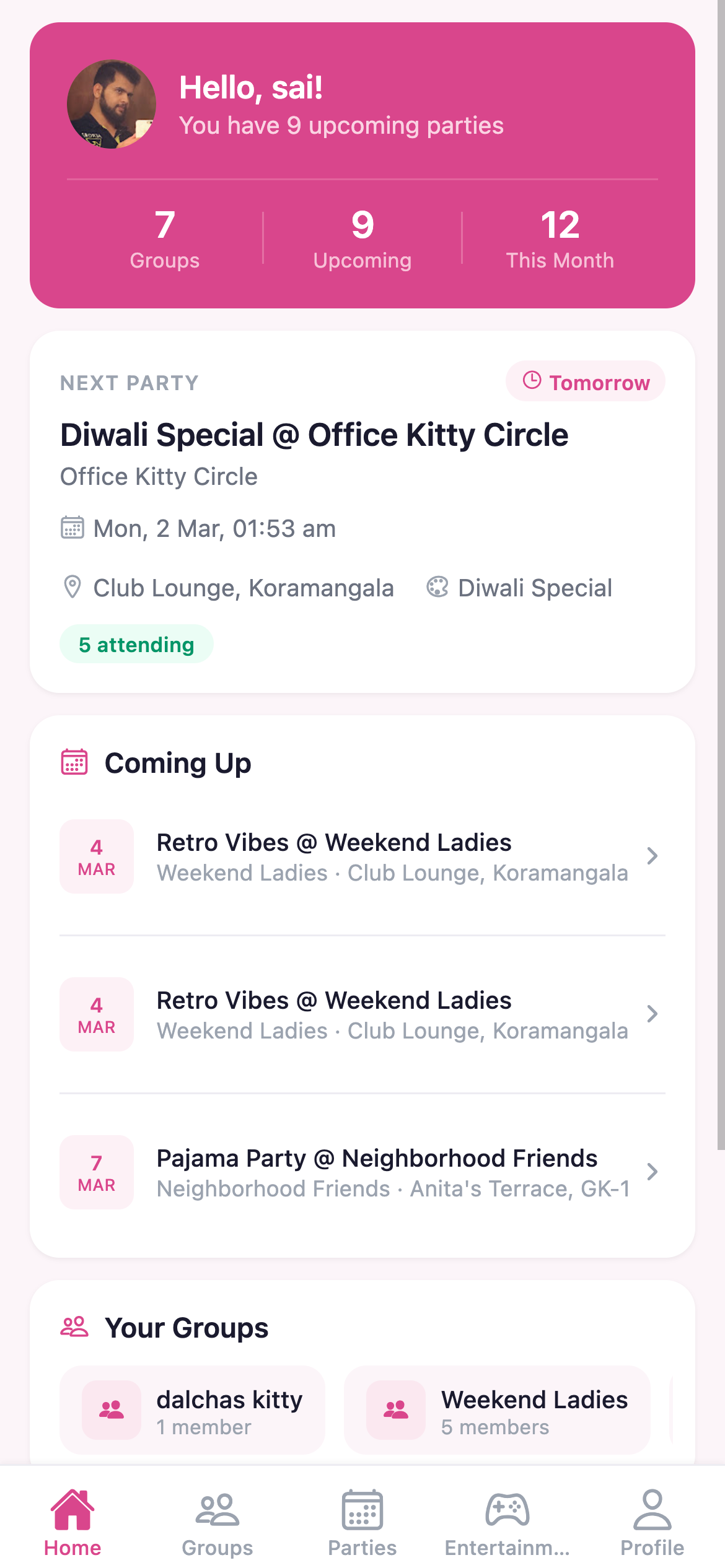 Home tab - upcoming parties, your groups, next party