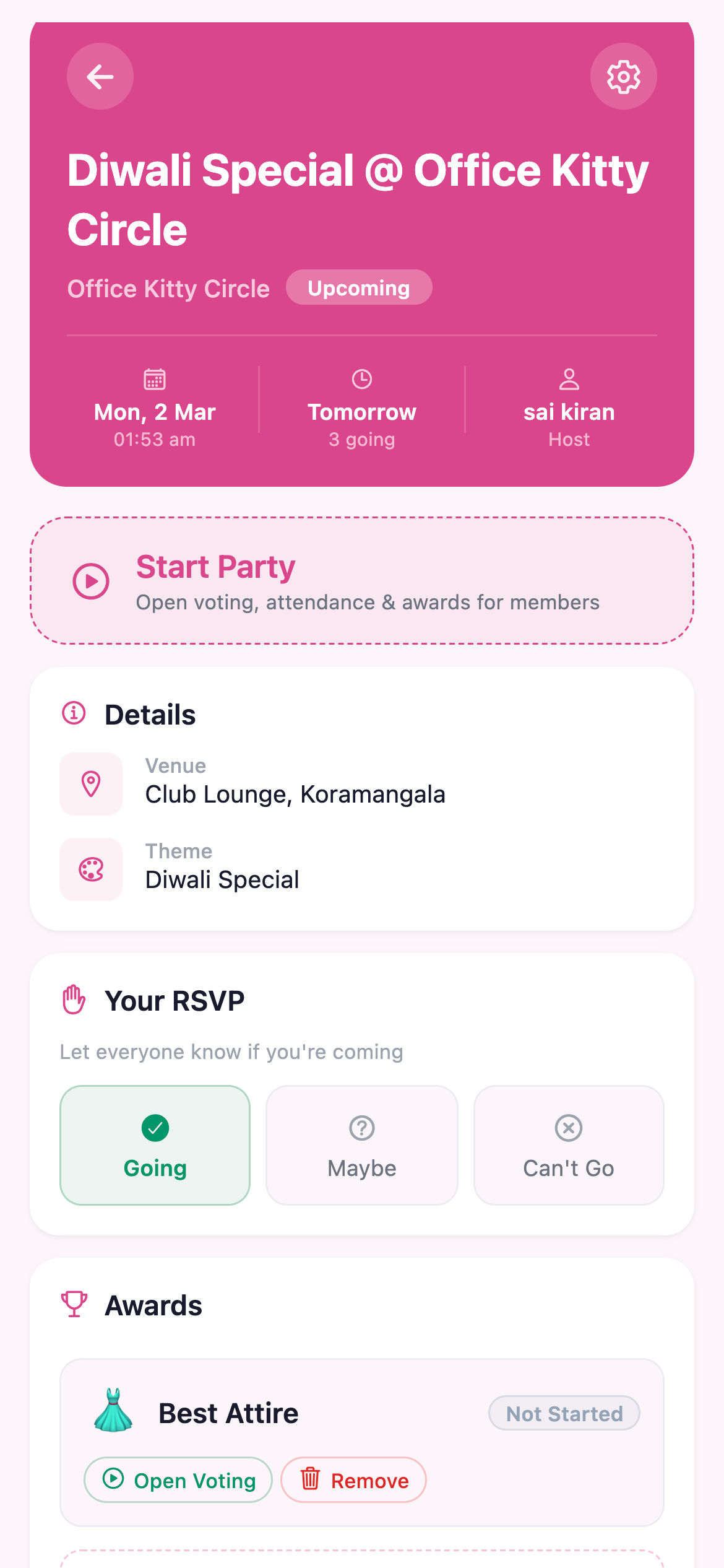 Party detail - venue, RSVP, awards