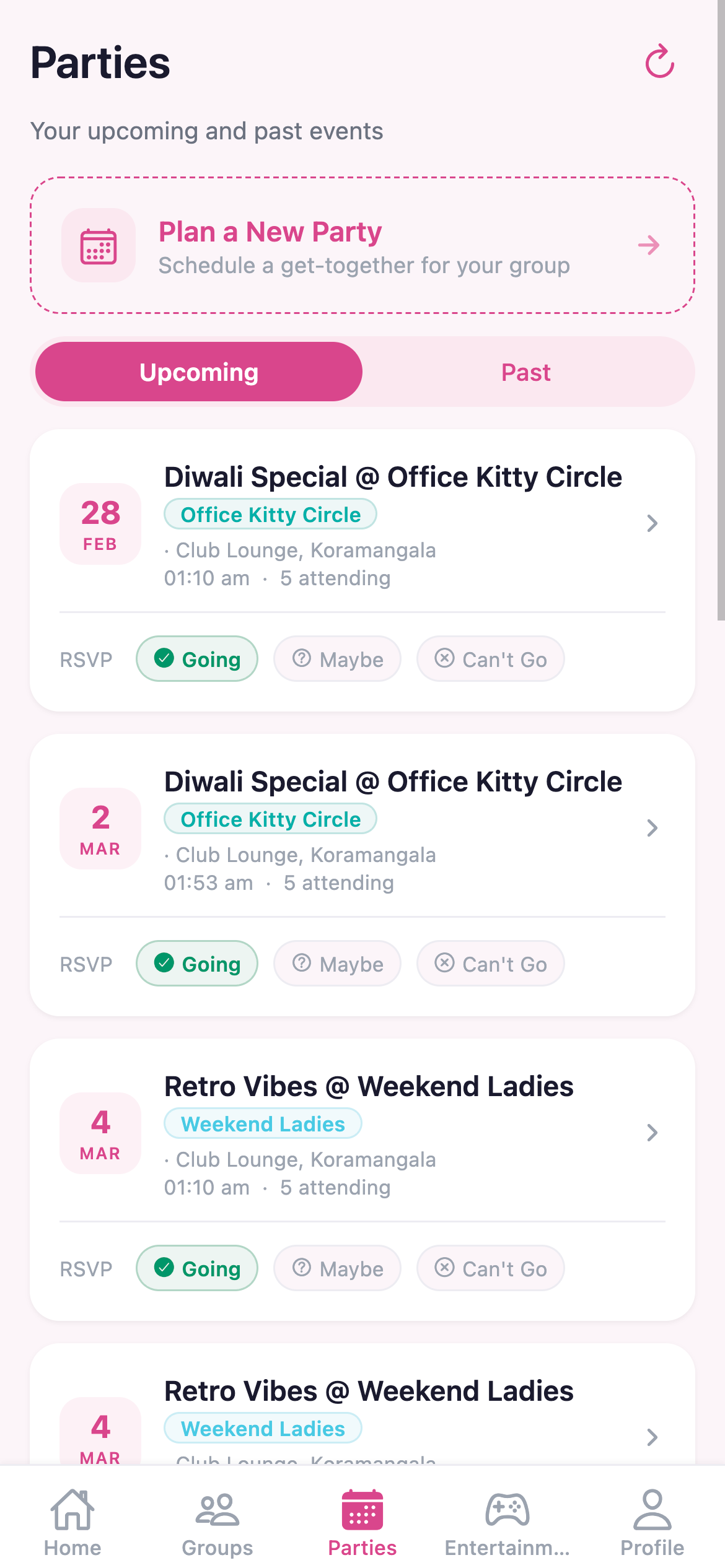 Parties - upcoming events and RSVP